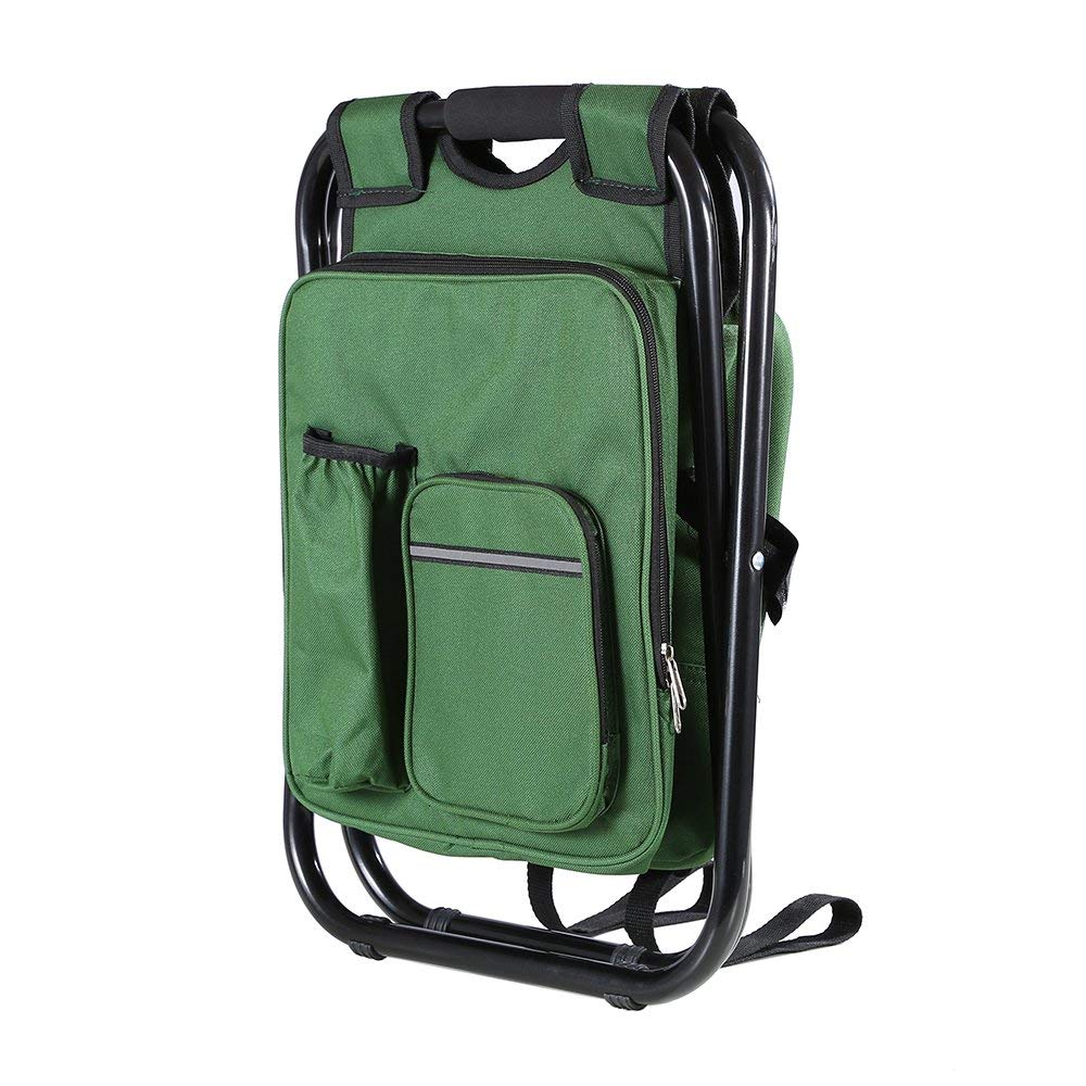 Fishing Backpack Chair, Portable Camping Stool, Foldable Solid Construction Backpack Stool with Double Layer Oxford Fabric Cooler Bag for Fishing, Beach, Camping, House and Outing (Green)