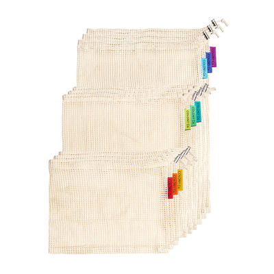 Reusable Produce Bags, Natural Cotton Mesh is Biodegradable, Recyclable Packaging, Machine Washable, Durable, Double-Stitched Seams, Tare Weight on Label, Set of 9, Small-Medium-Large